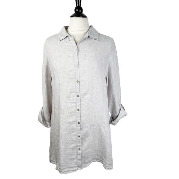 NEW Tahari Light Gray 100% Linen Button Down Tunic Top Women's Size Large - Picture 1 of 9